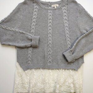 Monteau Soft Gray Sweater w/ Boho Lace Layer Women's XL Urban Street Trend